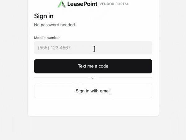 LeasePoint Partner access screen with mobile and email options