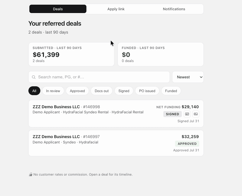 LeasePoint Partner Deals overview with summary, search, filters, and deal cards