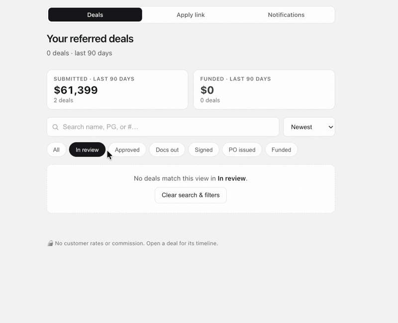 LeasePoint Partner filter showing no matching deals