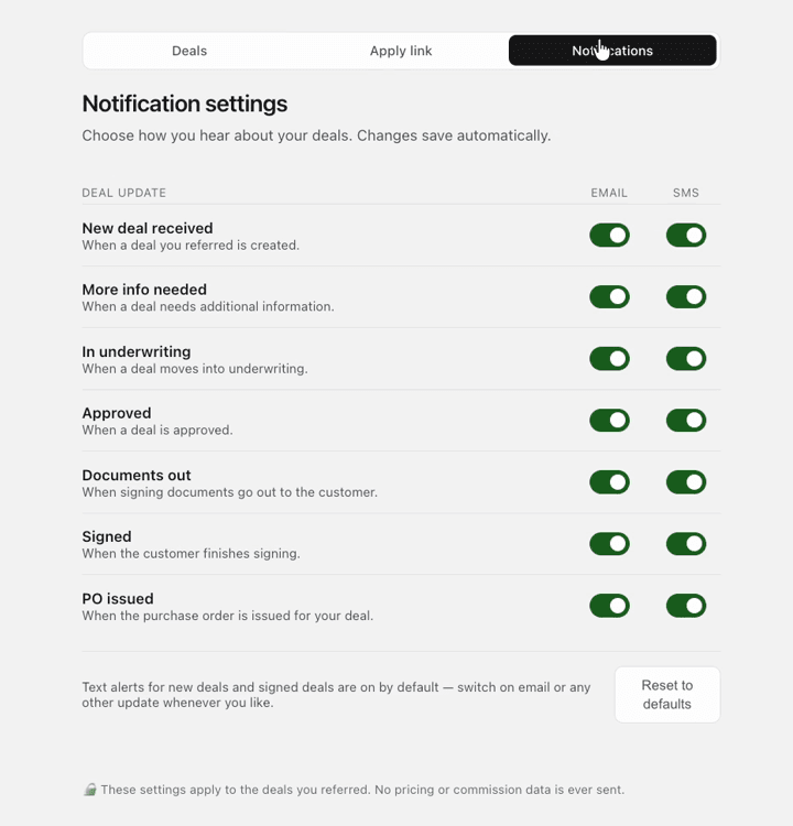 LeasePoint Partner notification preferences with email and SMS controls
