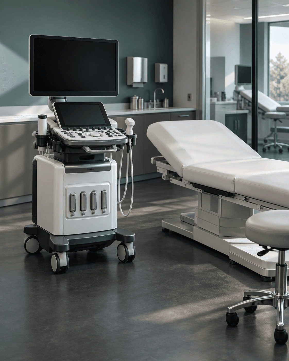 Diagnostic ultrasound equipment beside an examination table in a contemporary clinical suite