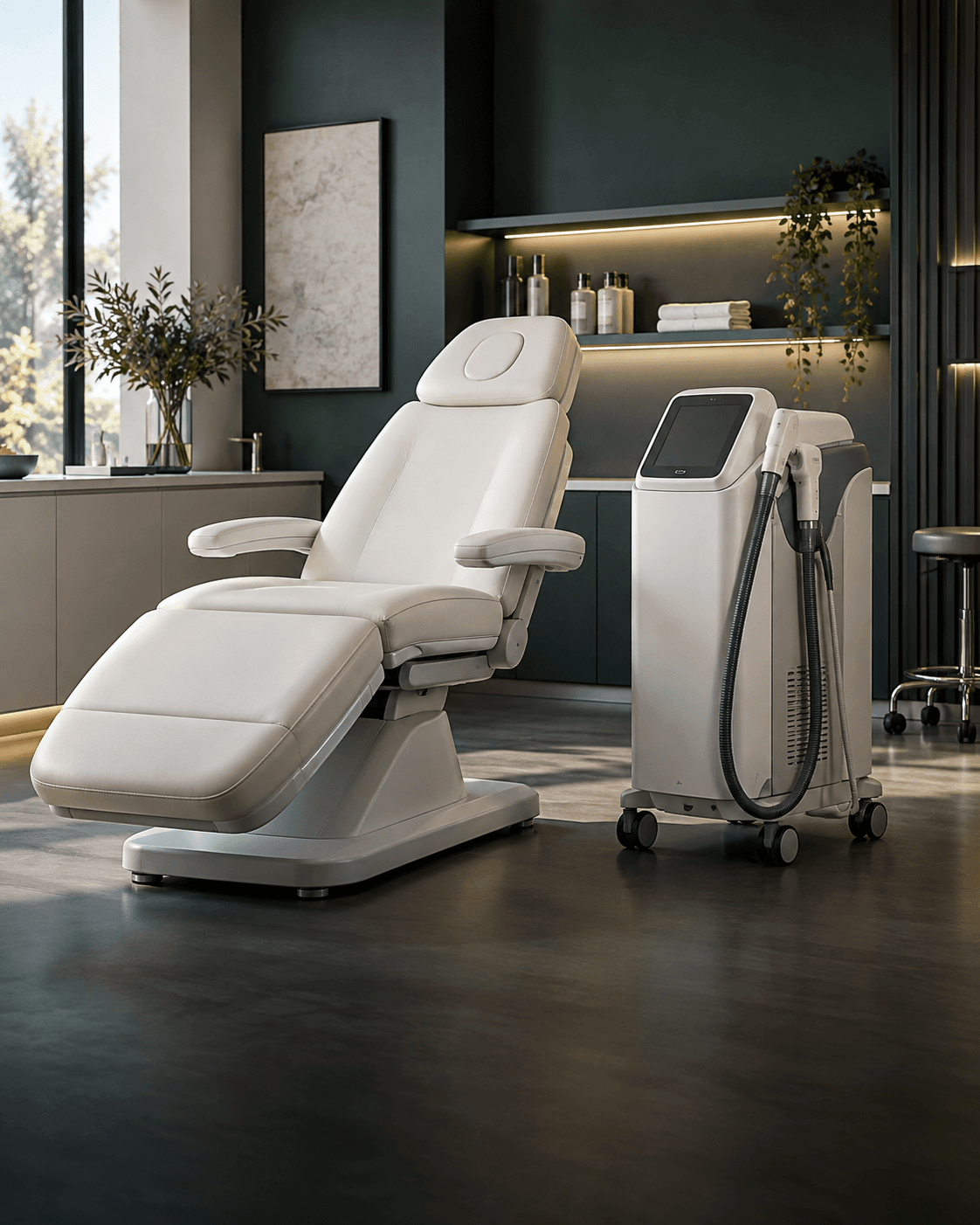White treatment chair and medical aesthetics equipment in a modern teal treatment studio